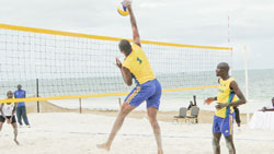Rwandau2019s Flavien Ndamukunda (right) and Jean Luc Mbonyuwuntuma (#1) playing a quarter-final match against Tanzania on Wednesday. The New Times / Courtesy.