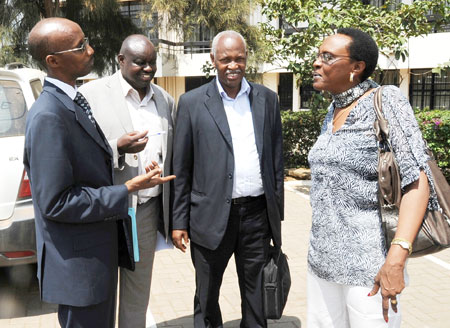 L-R; ORINFOR's Willy Rukundo, Theodore Ntalindwa of Umwezi newspaper, Alphonse Nkusi from Governance Advisory Council,and Transparency Rwanda's Immaculee Ingabire after yesterday's talk show. The New Times/John Mbanda.