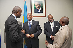 L-R; Rwandair CEO, Mirenge, Minister Rwangombwa, Dr. Michael Gondwe the PTA president and state Minister for Transport, Alex Nzahabwanimana.