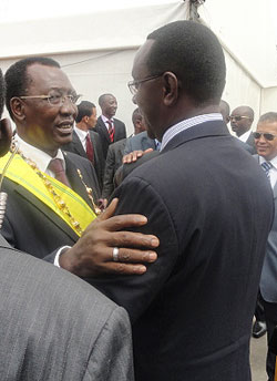 Prime Minister Makuza congratulates Chad President Idriss Deby after the swearing in ceremony, yesterday. The New Times /Courtesy
