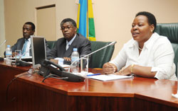 Senate VP Marie Mukantabana addresses the press as Deputies Speakers Denis Polisi and J.Damascene Ntawukuliryayo look on yesterday. The New Times /John Mbanda.