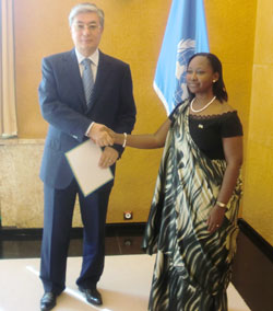 Ambassador Soline Nyirahabimana presents her credentials to UN's Kassym Jomart Tokayev in Geneva, Switzerland. The New Times/ Courtsey.
