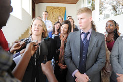 The Irish students speaking to reporters after meeting President Kagame at Village Urugwiro, yesterday. The New Times/Village Urugwiro.