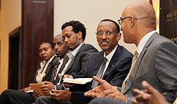 Mindspeak host, Ally-Khan Satchu (R), chats with President Kagame during the show yesterday in Kigali. Other panelists included (L-R), Alphonsine Niyigena - PSF, Albert Kinuma -MTN Rwanda and Amin Gafaranga ,a local entrepreneur.