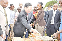 Japanese Ambassado,r Kunio Hatanaka, and Min. Collethe  Ruhamya, at the official launch of the water project. The New Times /Stephen Rwembeho.