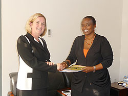 The new UNICEF Representative to Rwanda, Ms. Noala Skinner, presents her letters of credence to Mary Baine, the Permanent Secretary in the Ministry of Foreign Affairs and Cooperation. The New Times/Courtesy 