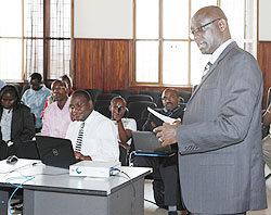 High Court President, Johnston Busingye during, the stakeholders' meeting on the new e-filing system. yesterday. The New Times/ Timothy Kisambira.