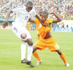 Andrew Buteera, seen here in action for the  U-17 against Ivory Coast. The Uganda based striker will boost Amavubi  attacking line. The New Times / File