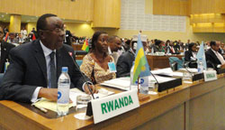 Premier Makuza and  Foreign Affairs Minister, Louise Mushikiwabo (R) at the AU pledging conference, yesterday. The New Times/Courtesy