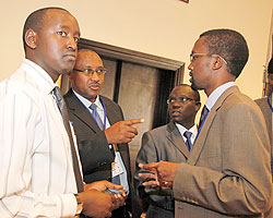  (L-R)Patrice Mulama of MHC, Cabinet Affairs minister Protais Musoni, Safari Gaspard of RJA and Omar Faruk Osman president of FAJ during the meeting. The New Times File photo