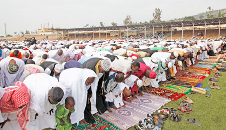 Thousands of Muslims thronged Nyamirambo Regional Stadium for the Eid El-Fitr prayers, yesterday. The New Times/Timothy Kisambira.