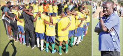 Amavubi Stars team saying a prayer after their training session in the build-up to todayu2019s game. On the right, Sellas Tetteh, who is looking for his 3rd win as Amavubiu2019s coach. The New Times/Timothy Kisambira.