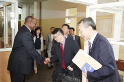 Local Government Minister James Musoni receives the Korean delegation at his offices this week. The Koreans will build a model village in Burera. The New Times /File