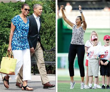 L-R:Mrs. Obama in ankle grazing pants; Mrs Obama looking comfortable in ankle grazing pants