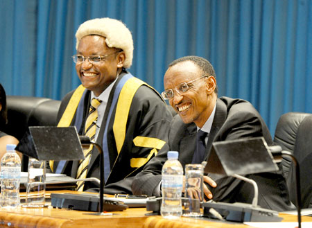 President Kagame (R) and the EALA Speaker, Haithar Abdi-Abdirahin, at the opening session of the 2nd EALA assembly at the Parliamentary Buildings in Kigali. The New Times /Village Urugwiro.