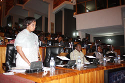  The Chairperson of the Council of Ministers, Burundiu2019s Hafsa Mossi, makes her submissions on the floor of the House on Wednesday. The New Times /Courtesy