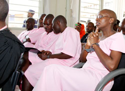 The accussed during a previous court appearance; More evidence presented by prosecution yesterday pinned Victoire Ingabire (right) to a terror group. The New Times /File.