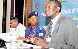 (L-R)Maj. Gen. Babeker Sumara, the Chairperson of the Permanent Coordinating Committee of the Police Chiefs Cooperation, Deputy Inspector General of Police, Stanley Nsabimana, and Dahia Awad, the head of regional bureau, (EAPCCO) during the regional Polic