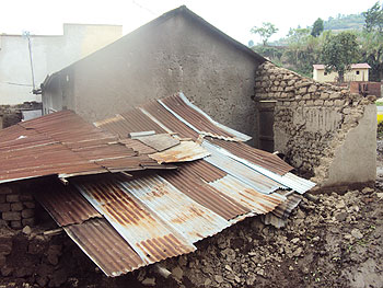 A house belonging to Jean Bosco Sebishyimbo which was destroyed by heavy rains  in Rubavu District on Monday. The New Times / A. Ngarambe.