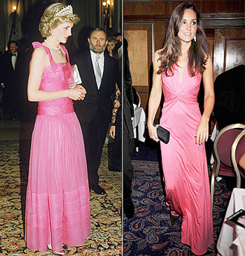 The late Pricess Diana (L) and Kate Middleton all in pink gowns