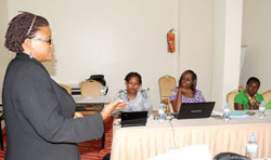 Nivatiti Nandujja, representing EASSI, addresses Journalists during the conference on Gender and Governance in East Africa in yesterday. The New Times /John Mbanda.