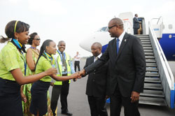  RwandAir CEO, John Mirenge, greets the airline's crew at the recent inauguration of the carrier's new Boeing. The New Times/ File.