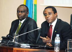 Dr Vincent Biruta (R) with the Senate vice president,Prosper Higiro,  during the talk show, yesterday. The New Times /Timothy Kisambira.