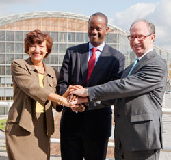 (L-R) Flavia Palanza, Director Associate of the Central and Eastern Africa, Pacific Department of the EIB, CEO BRD, Jack Nkusi Kayonga, and Patrick Walsh, Director for Africa, Caribbean and Pacific at the EIB, after the signing yesterday. The New Times/Co