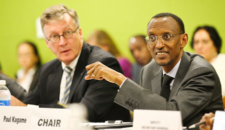 President Kagame chaired the MDGs Advocacy Group meeting yesterday in New York. Looking on is Ambassador Thomas Stelzer, the UN Assistant Secretary-General for policy co-ordination and inter-agency affairs. The New Times/Village Urugwiro.