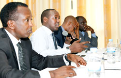  Ignatius Kabagambe, Patrice Mulama, Willy Rukundo and RAJ boss, Gaspard Safari during the media consultative meeting in Kigali yesterday. The New Times /Timothy Kisambira.