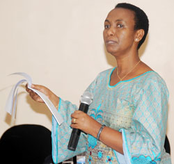 Gender Minister Inyumba talks to media practitioners about the upcoming campaign yesterday. The New Times /John Mbanda.