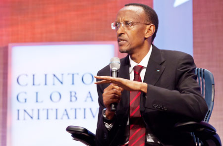 President Kagame addresses the Clinton Global Initiative Meeting on empowering women, yesterday in New York. The New Times / Adam Scotti.