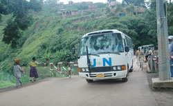  A UNHCR bus ferrying returnees crosses the border from D.R Congo. More 100 returned home from the neighbouring country last week. The New Times /File.