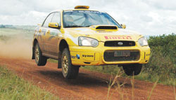 Rudy Cantanhede flies his Subaru during the 2007 Mountain Gorilla Rally. The driver is chasing for his third win. The New Times / File Photo.