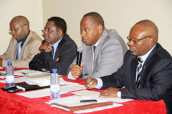(L-R) Rwanda's State Minister for Transport Alex Nzahabwanimana, Tanzanian Transport Minister Eng. Omar Ndungu, Rwanda's Minister of Infrastructure Albert Nsengiyumva and Burundian Minister of Transport and Public Works Saidi Kibeya at the technical revie