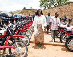  The Minister of Health, Agnes Binagwaho inspecting the new motorcycles. The New Times / Timothy Kisambira