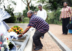  Augustino Nanyaro the Principal Commissioner of Tanzania Prison Service lays a wreath at the Gisozi memorial yesterday. The New Times /Timothy Kisambira.