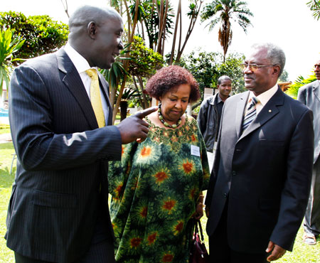 (L-R) Ugandan Minister Musa Ecweru, UNHCR country representative Neimah Warsame and Disaster management and Refugee affairs Minister Marcel Gatsinzi at the meeting yesterday. The New Times/ Timothy Kisambira.