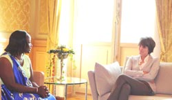  Ambassador Solina Nyirahabimana confers with the Swiss President Micheline Calmy-Rey after she presented her credentials in Bern, Switzerland. The New Times / Courtesy.