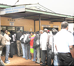 Travellers queue at Gatuna Immigration offices for clearance. The New Times / File photo