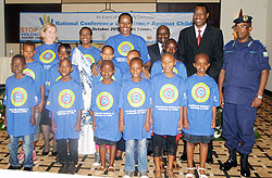 Pictured with Children during the National Conference on Violence against Children yesterday are; (L-R) UNICEF Representative Noala Skinner, Minister Aloysia Inyumba of Gender and Family Promotion, First Lady Jeannette Kagame, and Ministers Pierre Damien 