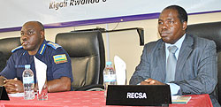 IGP Emmanuel Gasana and Francis Wairagu of RECSA during the AFCON meeting yesterday. The New Times Timothy Kisambira.
