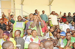 Taxi Moto operators in a morale boosting session during the meeting at Nyamirambo Regional Stadium. New guidelines have been enforced to reduce accidents.  The New Times Courtesy