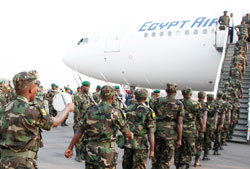 RDF Soldiers leave Kigali for a peacekeeping mission. Two peacekeepers have died in an ambush in troubled region of Darfur.The New Times / File.