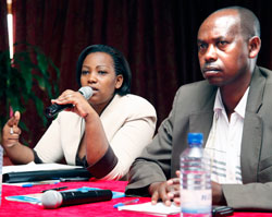(L-R)  Esther Mutamba Director Geenral of the RHA and  Augustin Katabarwa of National Cooperative confederation during the meeting yesterday. The New Times / Timothy