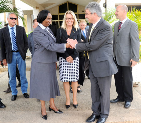 Speaker Rose Mukantabana (C) bids farewell to the Rhineland Palatinate delegation after they visited Parliament yesterday. The New Times / John Mbanda.