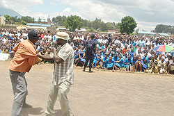 Men perform a skit during the anti-GBV week. The escalating violence against men is caused by misconception of gender-based violence. The New Times