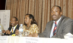 Health Minister Dr. Agnes Binagwaho (C) flanked by Global Fund officials Linden Morrison (L) and Samuel Boateng at the Conference yesterday. The New Times / Courtesy