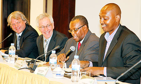 ( L-R) Dr Bernard Vanlauwe, Lr.Jos Kalders, Prof Shem Martin Ndabikunze, and PS in the Ministry of Agriculture, Ernest Ruzindaza yesterday. The New Times /Timothy Kisambira.