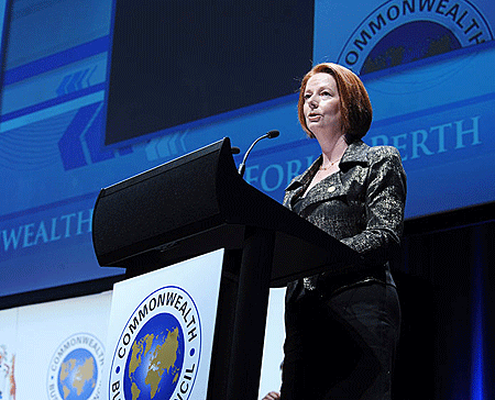 Australian Prime Minister, Julia Gillard, at the opening of Commonwealth Business Forum in Perth yesterday. The New Times/Urugwiro Village.